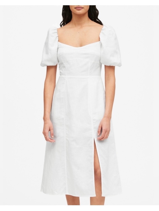 Banana Republic Dresses & Skirts - Banana Republic White Puff Sleeve Linen Cotton Midi Dress with Front Slit